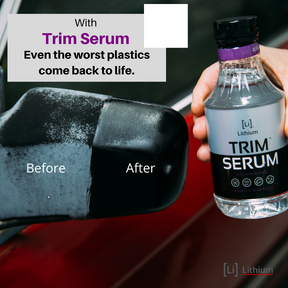 Trim Serum product displayed beside a car to demonstrate usage