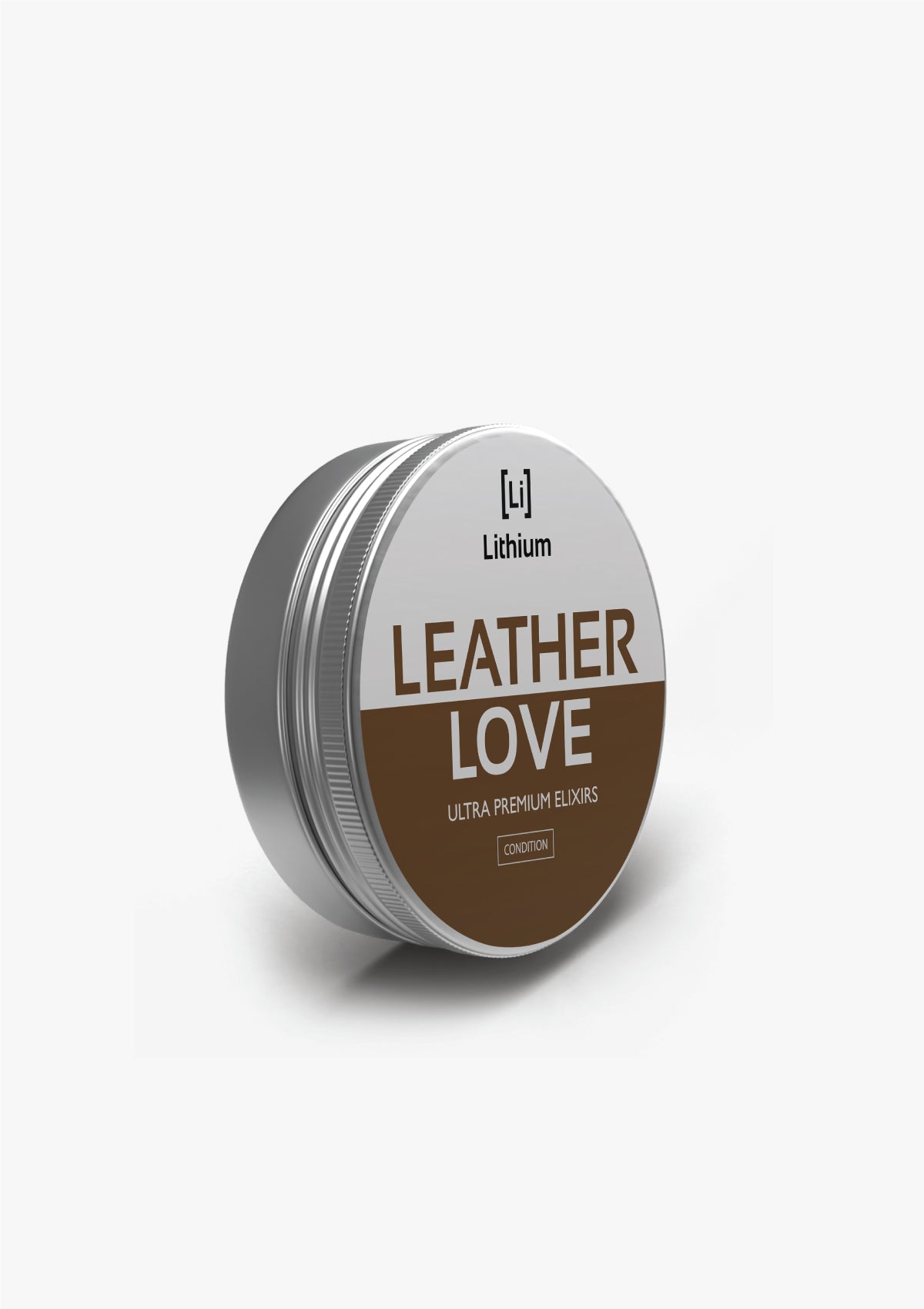 A can of 'Leather Love' leather conditioner with a brown and white label